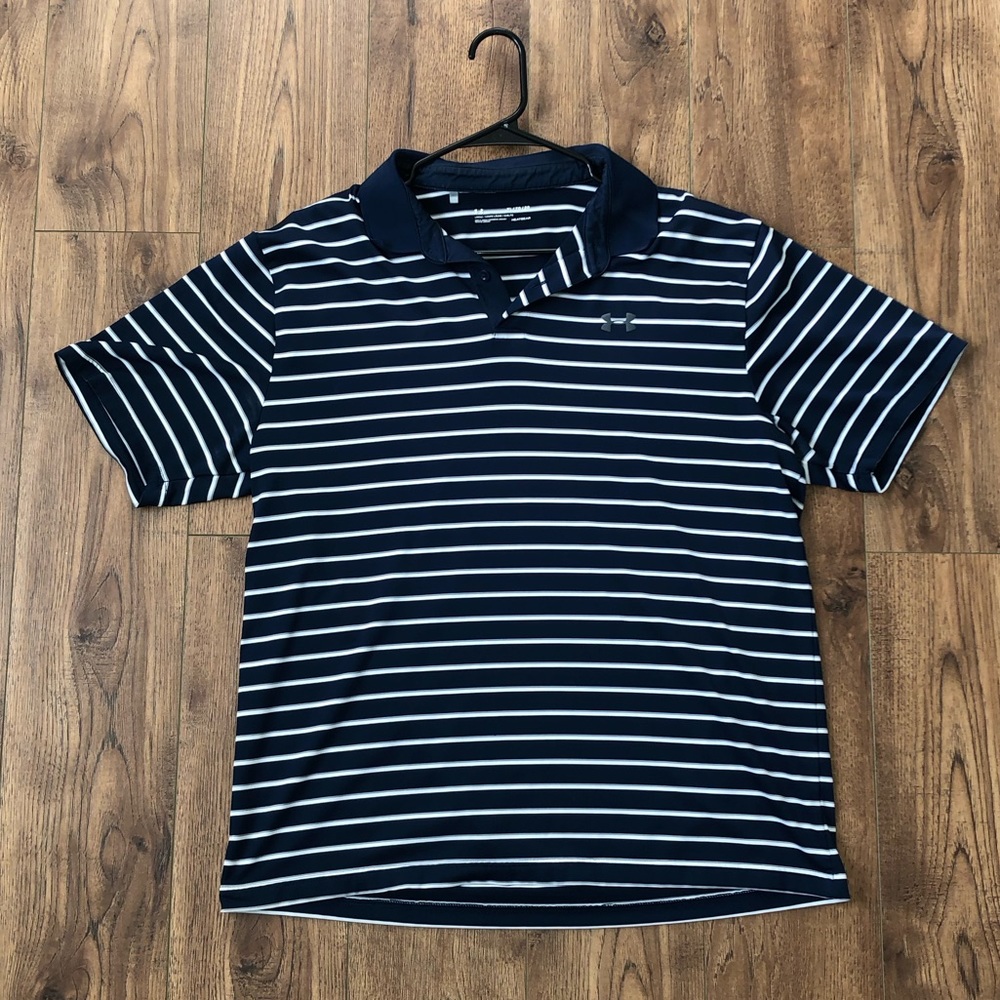 Under Armour heatgear navy blue and white striped polo loose fit mens size XL